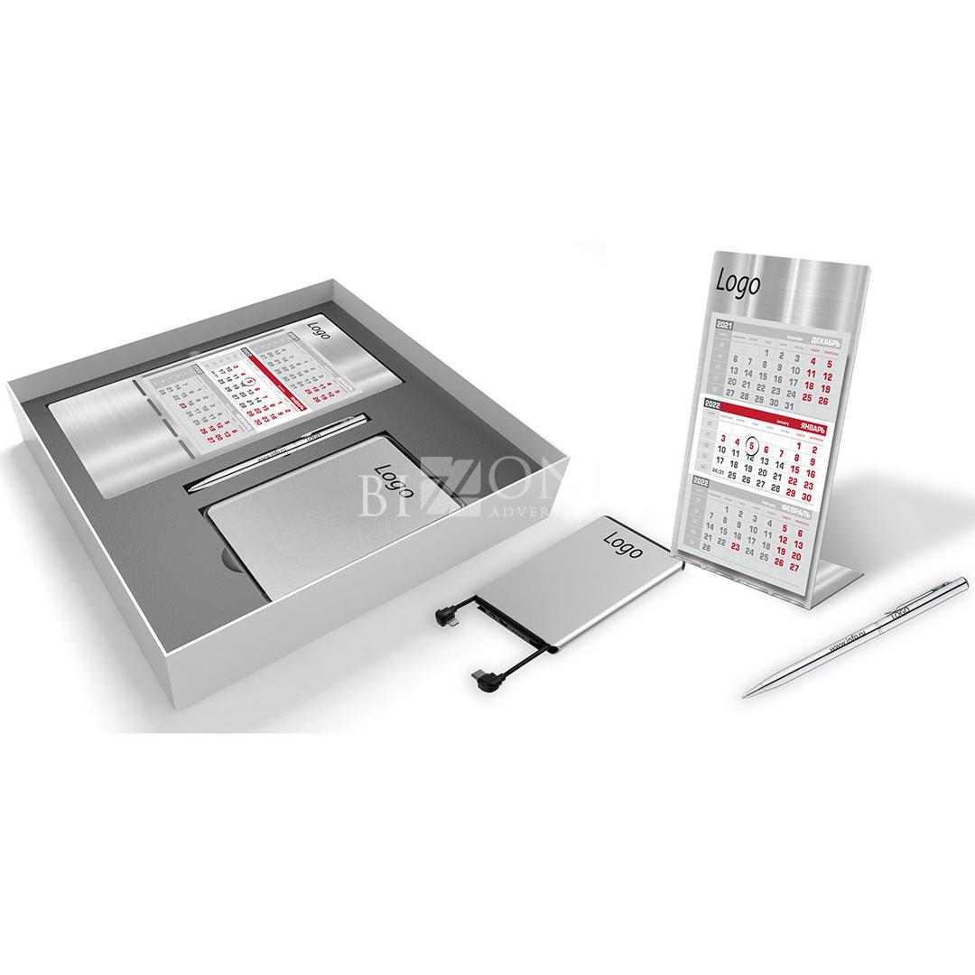 Зарядное устройство, металлическая ручка и календарь из металла в фирменной коробке